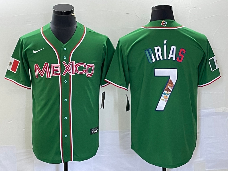 Men's Mexico Baseball #7 Julio Urías 2023 Green World Baseball With Patch Classic Stitched Jersey